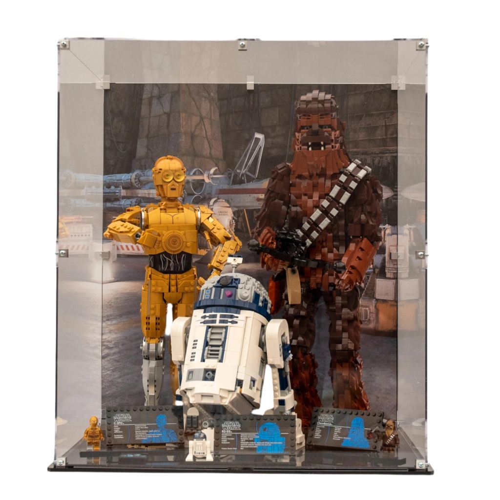 Acrylic Display Case compatible with LEGO C3PO 75398 R2D2 75379 Chewbacca 75371 Printed Back Panel