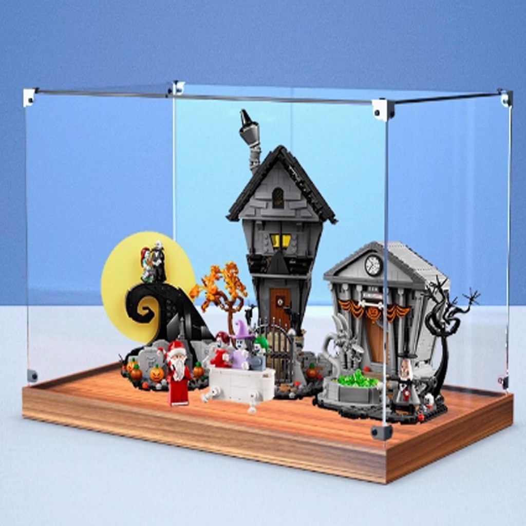 Transparent Acrylic Display Casefor Lego 21351 Christmas Eve Scare Model Clear BoxStorage BoxDisplay BoxCompatible with 21351 Model Display Box only Wood Grain Base