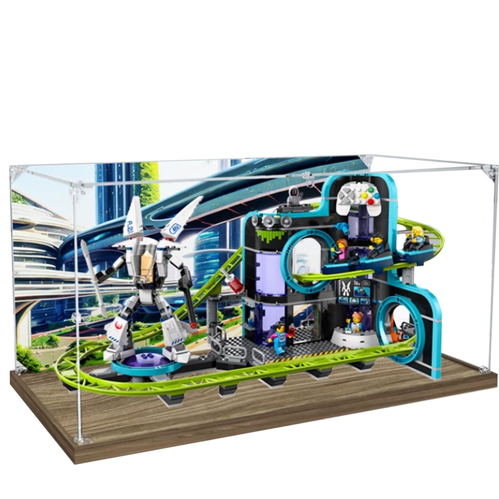 Acrylic Display Case for Lego 60421 Robot Roller Coaster Building SetClear Display Case DustProof Display Case Compatible with Lego 60421Only Display Case Wooden Base