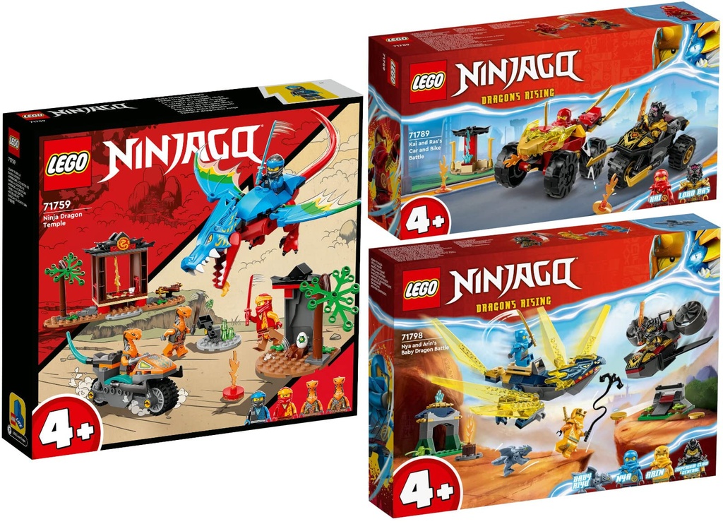 Lego Ninjago Set of 3 71798 Duel Between NYA and Arins Baby Dragon 71789 Chase with Kais Speedster and Ras Motorcycle 71759 Dragon Temple