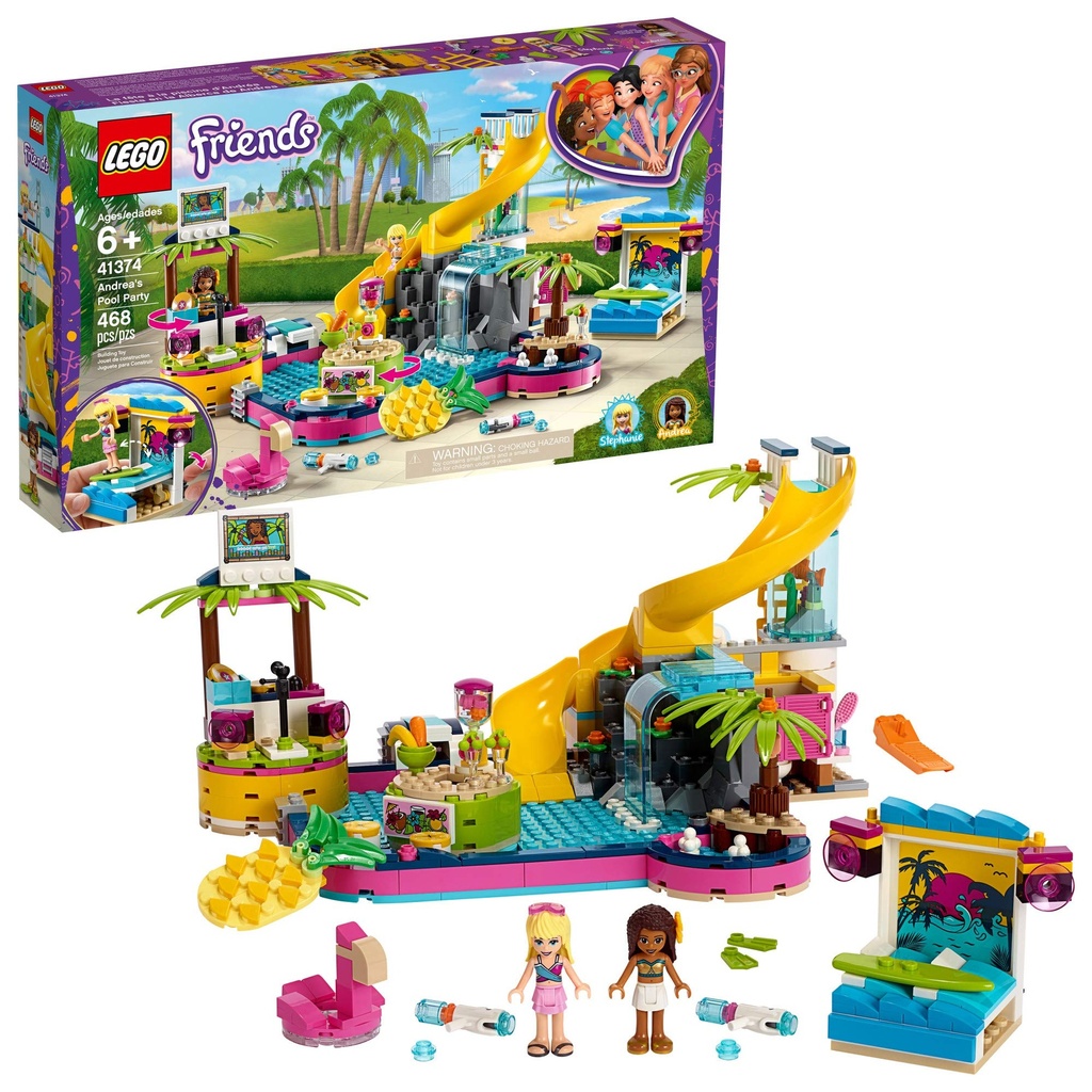 LEGO Friends Andreas Pool Party 41374 Toy Pool Building Set with Andrea and Stephanie Mini Dolls for Pretend Play Includes Toy Juice Bar and Wave Machine 468 Pieces