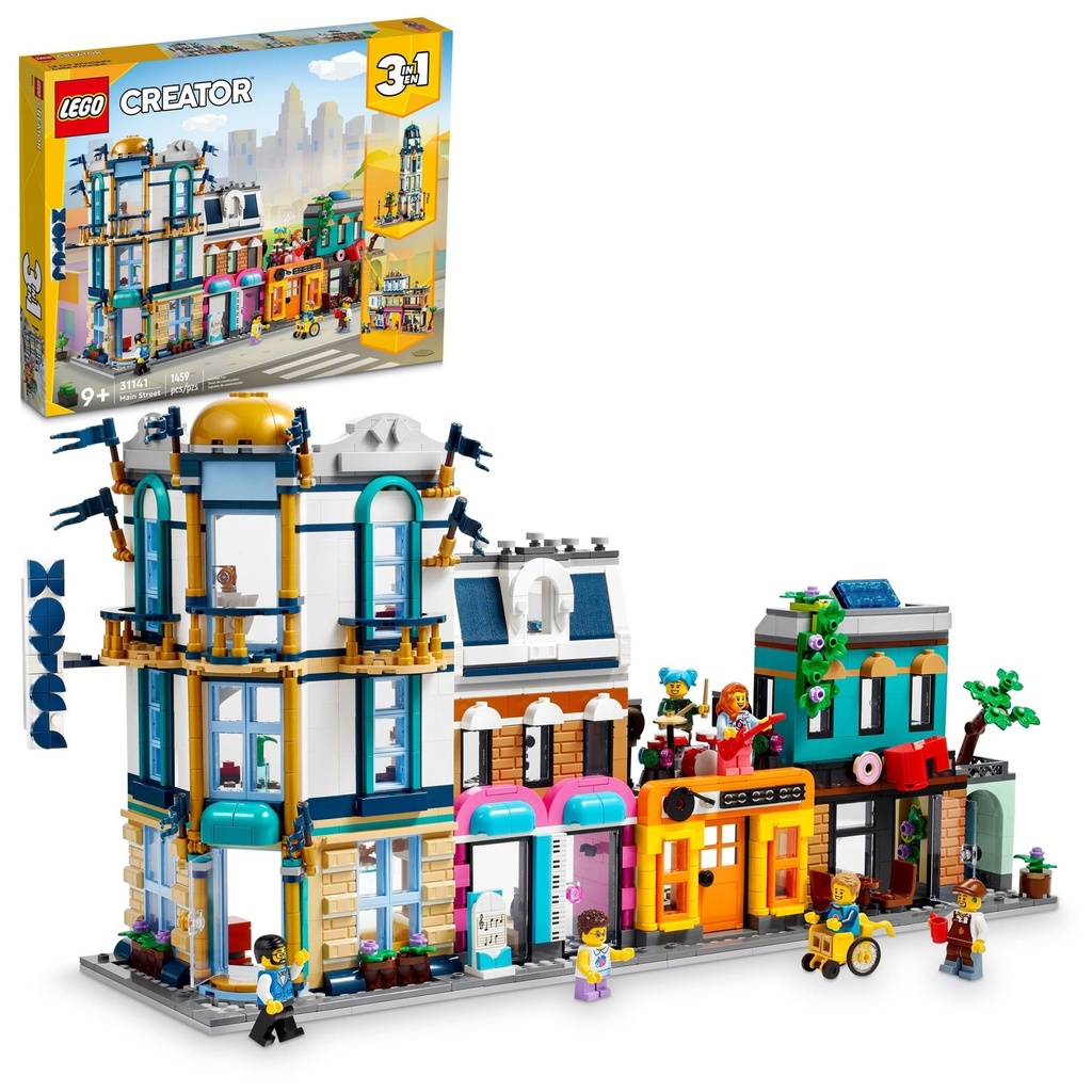 LEGO Creator Main Street 31141 Building Toy Set 3 in 1 Features a Toy City Art Deco Building Market Street Hotel Café Music Store and 6 Minifigures Endless Play Possibilities for Boys and Girls