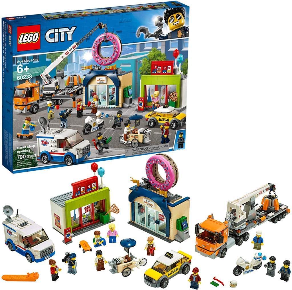 LEGO 60233 City Town Donut Shop Opening Toy Cars Set with Police Motorbike Truck with Crane Trailer and 10 Minifigures