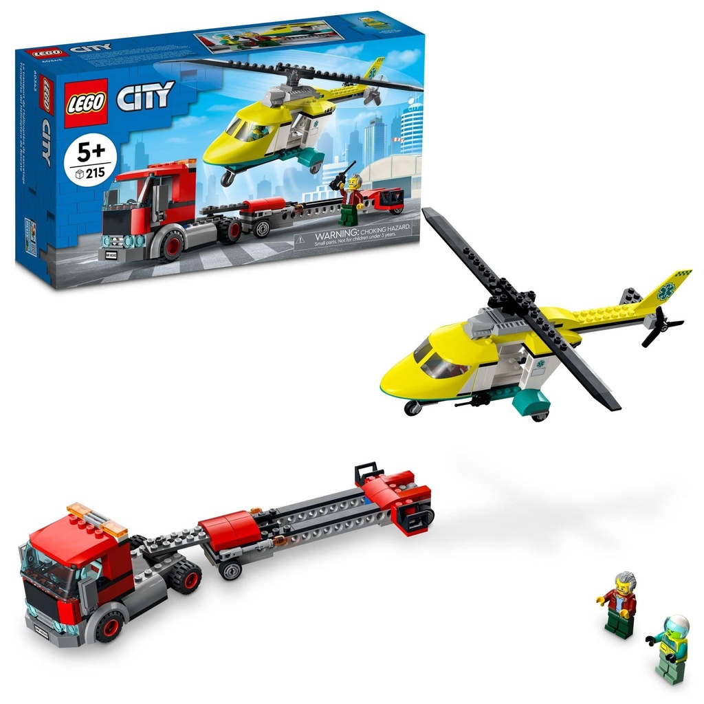 LEGO City Rescue Helicopter Transport 60343 Building Kit for Children Aged 5 and Up Featuring a Toy Truck with a Helicopter Trailer Plus Driver and Pilot Minifigures 215 Pieces