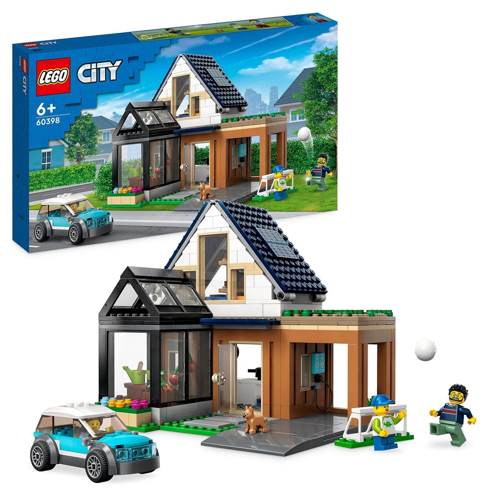 LEGO 60398 City Family House and Electric Car Set Modern Dolls House Modular Building Model Kit with Toy Car Minifigures and Puppy Figure Toys for 6 Year Old Kids Boys Girls