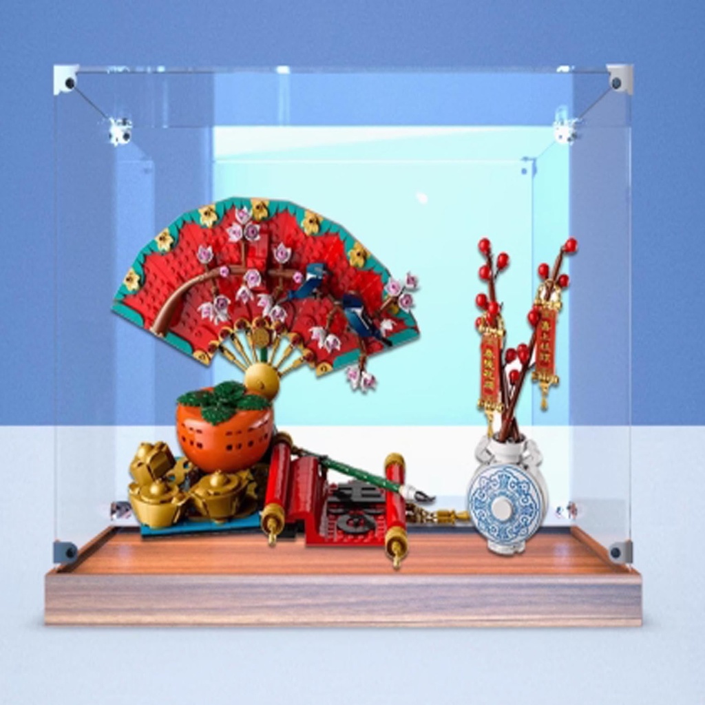 Transparent Acrylic Display Case for Lego 80117 Five Fortunes to Welcome Spring Model Clear BoxStorage BoxDisplay BoxCompatible with 80117 Model Display Box only Wood Grain Base