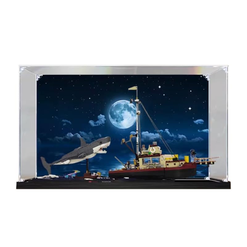 HCAEIOFJ Clear Acrylic Display Case for Lego 21350 Jaws Orca Black BottomBackground