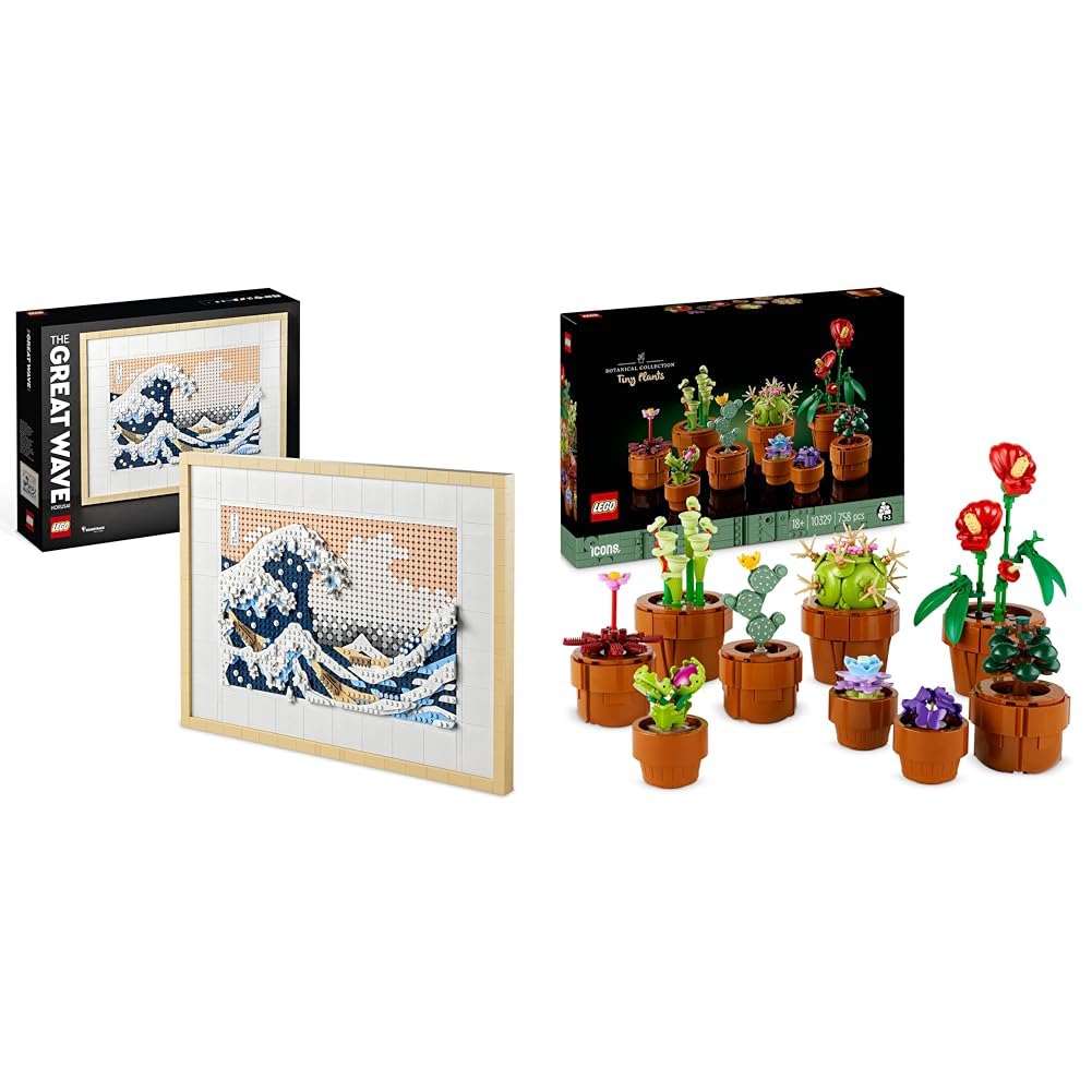 LEGO Art Hokusai The Great Wave 3D Japanese Wall Art Craft Kit Framed Ocean Canvas 10329 Icons Tiny Plants Set Artificial Flowers in 9 Buildable TeracottaColoured Pots