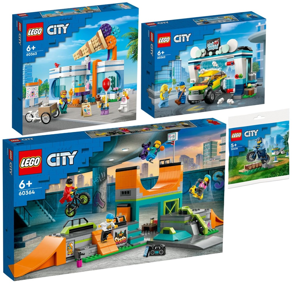Lego City Set of 4 60362 Car Wash 60363 Ice Cream Shop 60364 Skater Park 30638 Police Bicycle Training