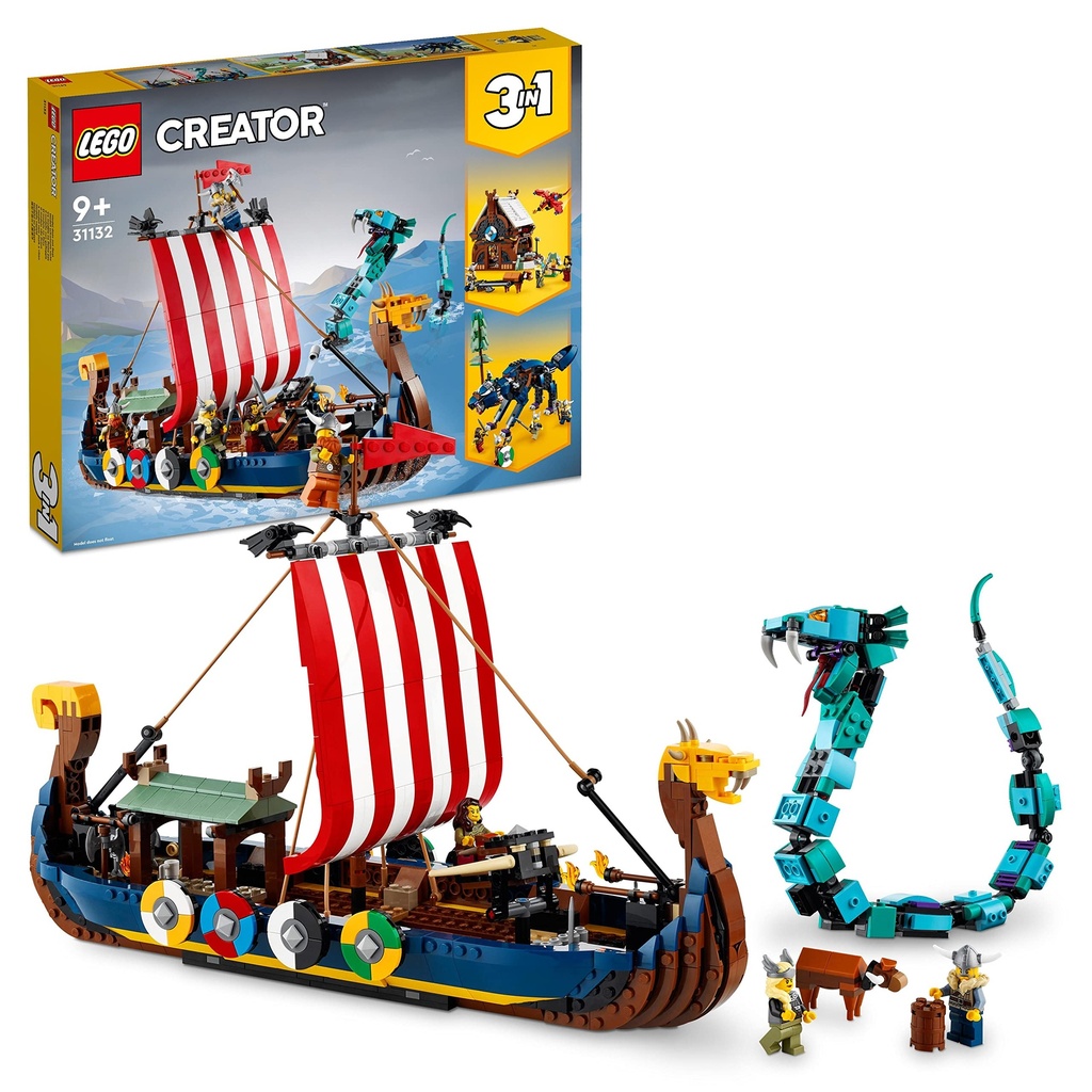 LEGO Creator 3in1 Viking Ship and the Midgard Serpent 31132 Building Kit Features Ship House and Wolf Toys Creative Gift for Kids Aged 9 Who Love Viking Adventures and Construction 1192 Pieces