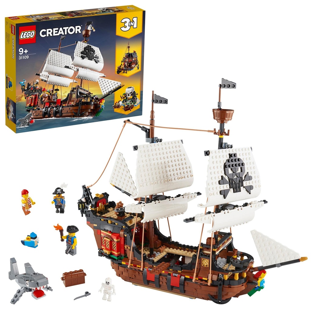 LEGO 31109 Creator 3in1 Pirate Ship Toy with Inn Skull Island Gift for Kids Boys Girls age 9 Plus Years Old with Minifigures and Shark Figure