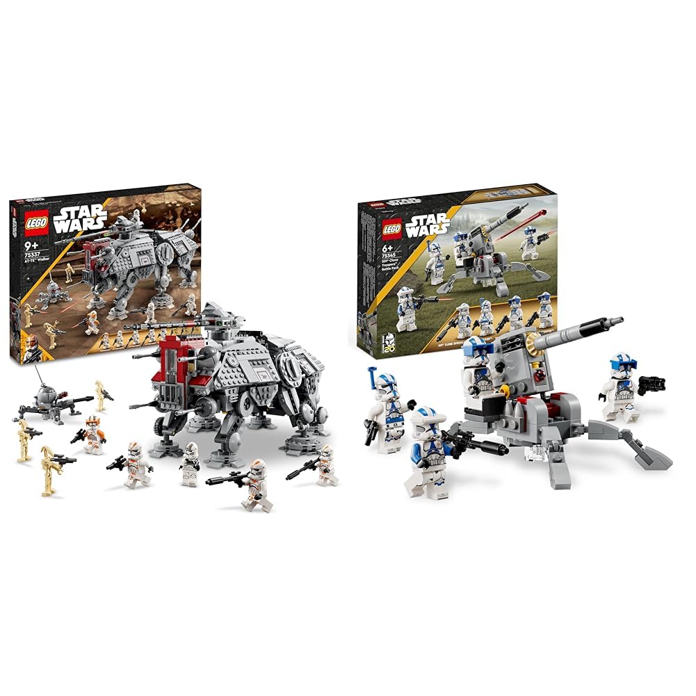 LEGO 75337 Star Wars ATTE Walker Poseable Toy Revenge of the Sith Set 75345 Star Wars 501st Clone Troopers Battle Pack Setwith AV7 Anti Vehicle Cannon and Spring Loaded Shooter plus 4 Characters