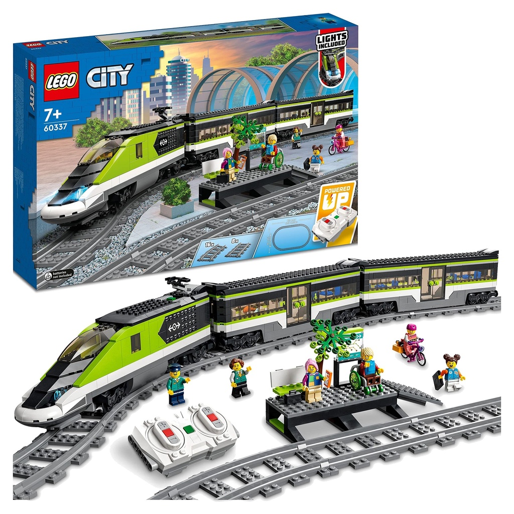 LEGO City Express Passenger Train Set Remote Controlled Toy Gifts for 7 Plus Year Old Kids Boys Girls with Working Headlights 2 Coaches and 24 Track Pieces Plus 6 Minifigures 60337