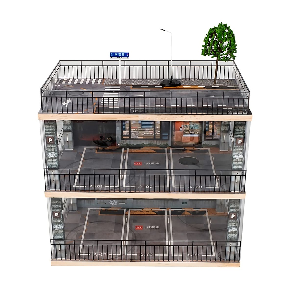 kivcmds 124 Scale Car Model Display Case with Parking Lot Scene for Sports Car and Lego Collectors Display Stand for Alloy Car Model Toy with Light 3Tiers Coffee Shop Parking Lot