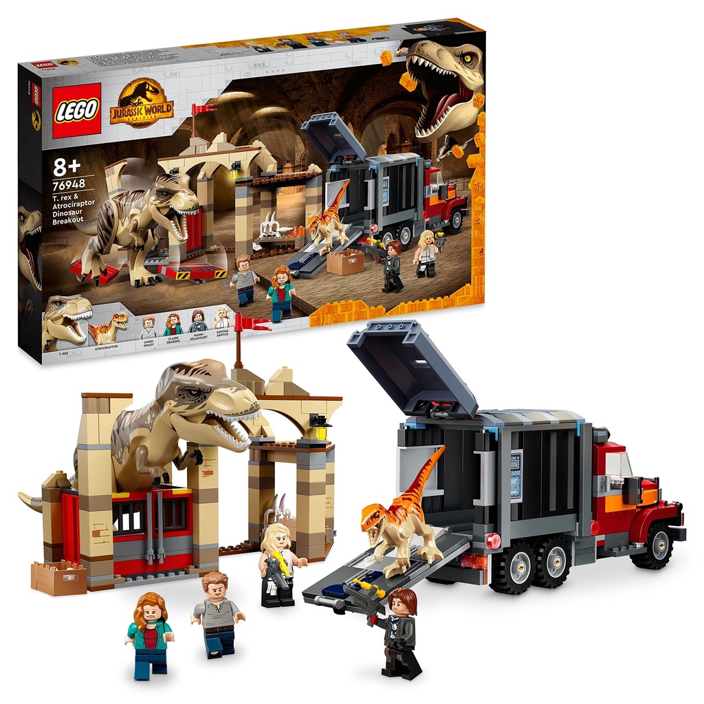 LEGO 76948 Jurassic World T rex Atrociraptor Dinosaur Breakout Dino Toy Set Toys for Kids Age 8 Plus with 4 Minifigures Market and Truck 2022 Movie Inspired