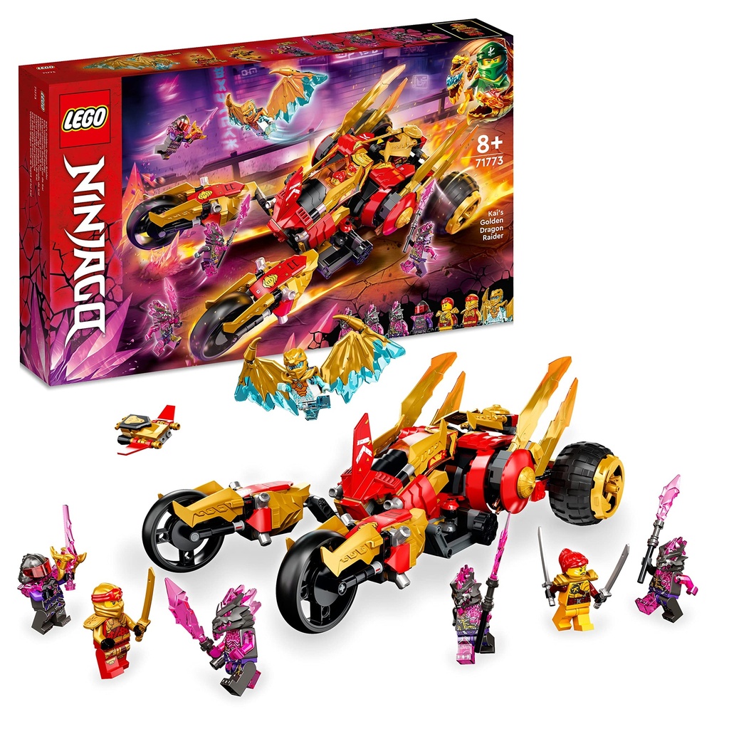 LEGO 71773 NINJAGO Kais Golden Dragon Raider MultiTerrain Transforming Car Toy with Kai and Zane Minifigures Building Set for Kids Boys Girls Aged 8 Plus