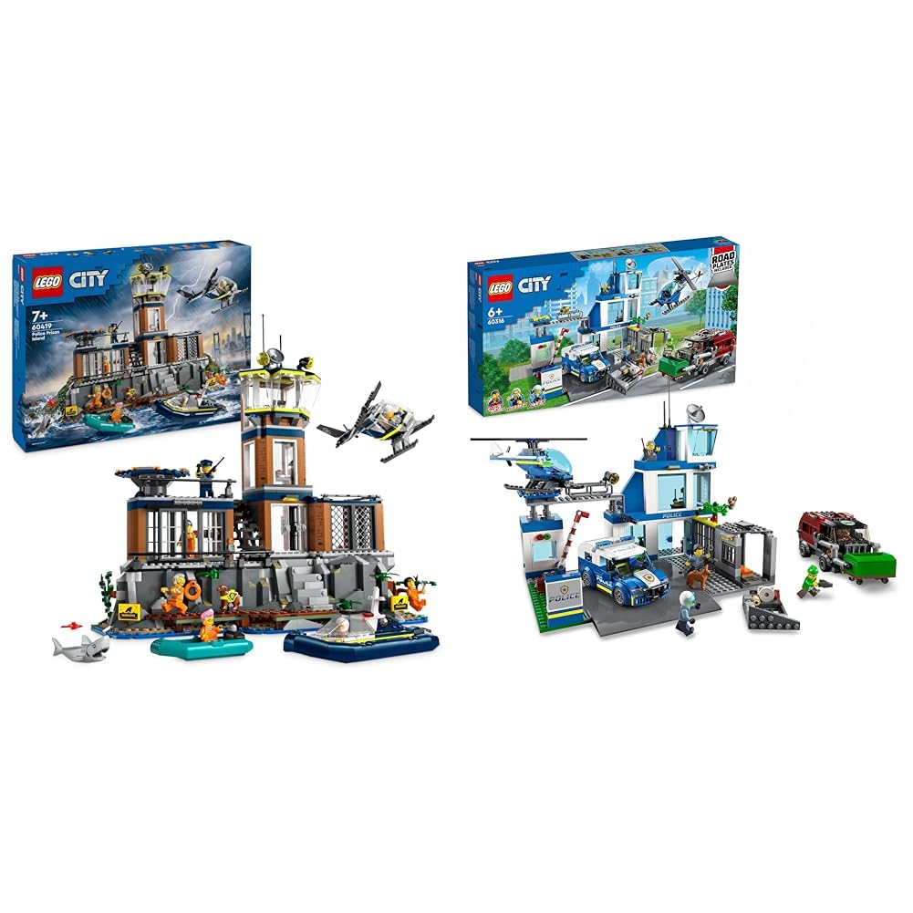 LEGO City Police Prison Island Toy for 7 Plus Year Old Boys Girls Kids Emergency Vehicles Set 60316 City Police Station with Van Garbage Truck Helicopter Toys