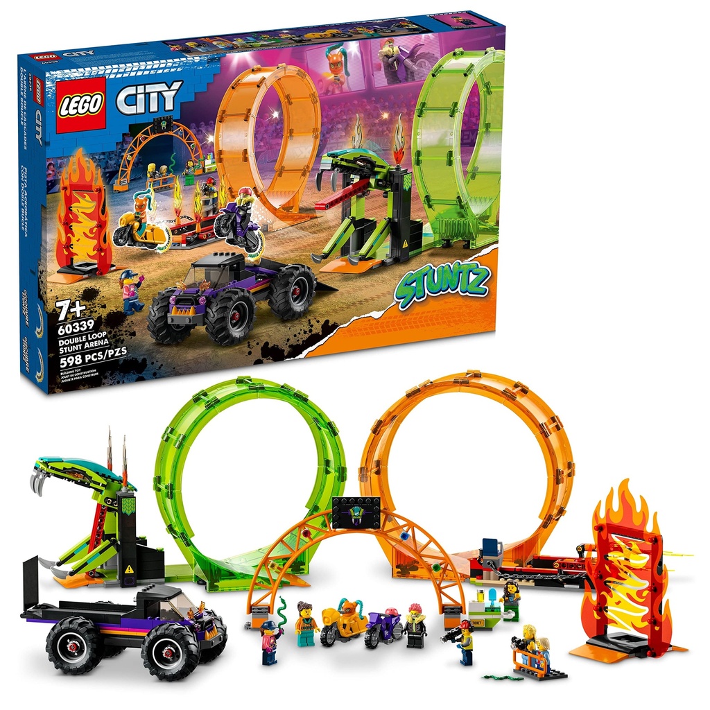 LEGO City Stuntz Double Loop Stunt Arena 60339 Monster Truck Playset with 2 Toy Motorcycles Ramp Wall of Flames Ring of Fire Snapping Snake Loop and 7 Minifigures for Kids Ages 7 Plus