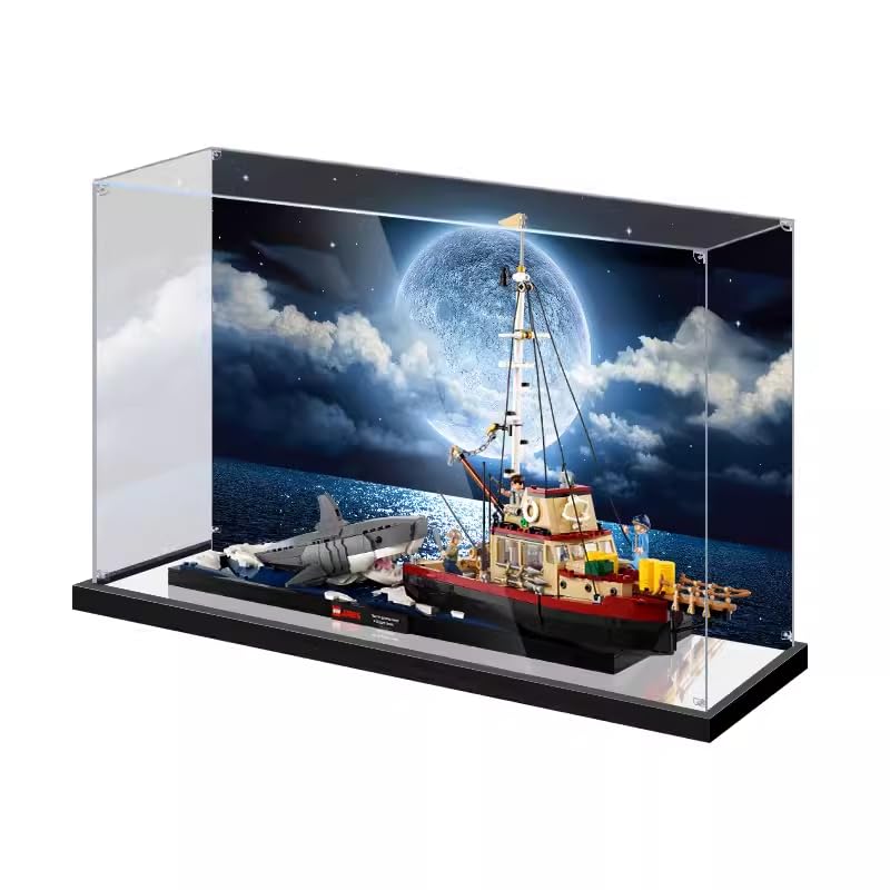 Figures Display Box for LEGO 21350 for Jaws Orca Boat Acrylic Dustproof Transparent Custom Display Case No Model mirrorbackground A