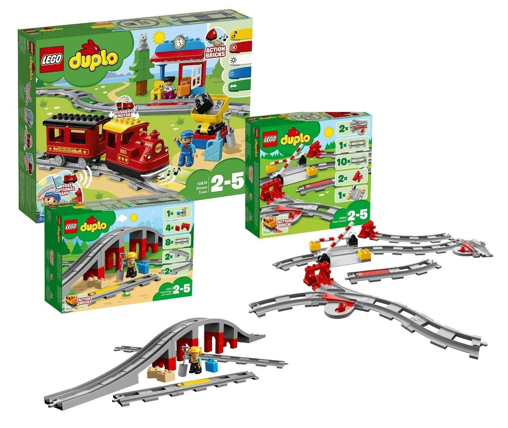 LEGO Duplo Steam Train Set 10874 Steam Train 10872 Railway Bridge with Rails 10882 Rail Set